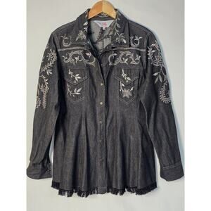 Roja Denim Western Embroidered Fringe Denim Tunic Top Shirt Button Front Medium